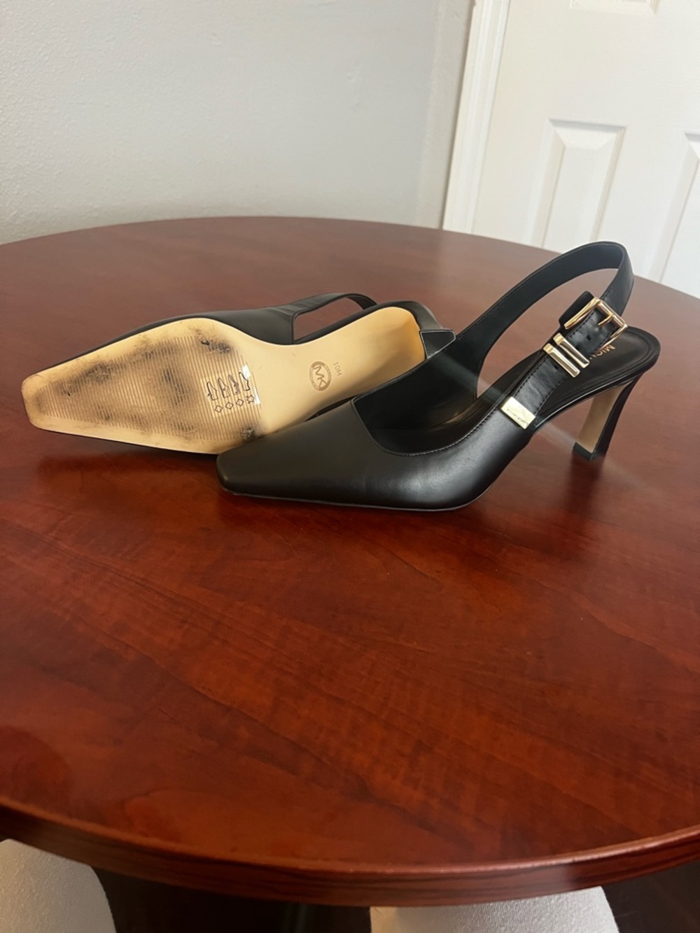 MICHAEL Michael Kors Black Leather Square-Toe Slingback Heels with Gold Buckle - Picture 4 of 4